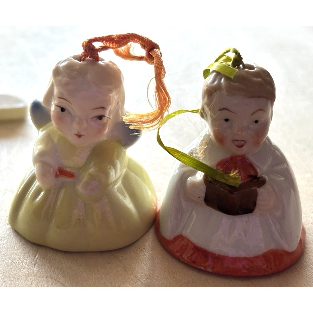 Vtg Christmas Ornament Mini Bell LOT of 2 Angel Choir Boy Japan Rare Color